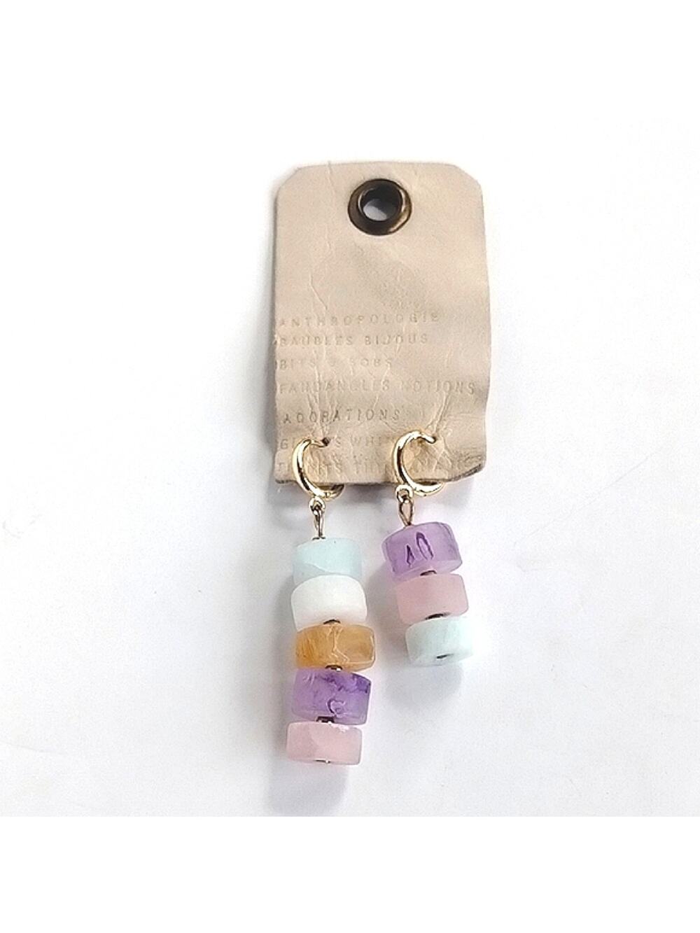 Anthropologie NEW Pastel Stone Disc Style Gold Tone Mini Hoop Huggie Earrings